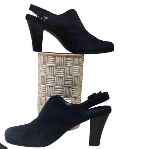 AEROSOLES Sling Back Blue Suede Leather Clog Mules Buckle Chunky Heel Size 9.5 - Picture 1 of 9